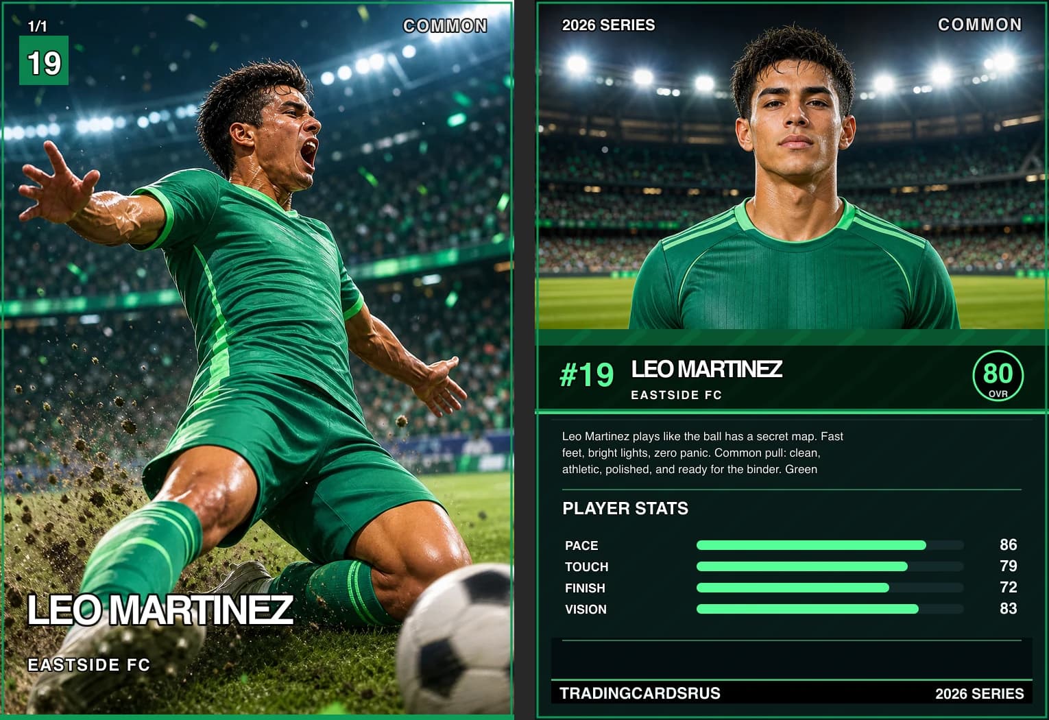 Custom soccer digital trading card for a team player shown front and back